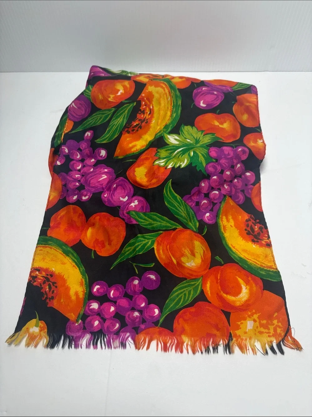Black Fruit-Print Women's Scarf with Orange & Purple Accents